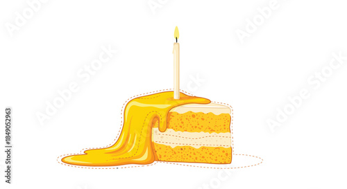 Single candle on a dripping caramel glaze cake slice sits on a white background with a warm glow and sticky syrup pooling beside it.