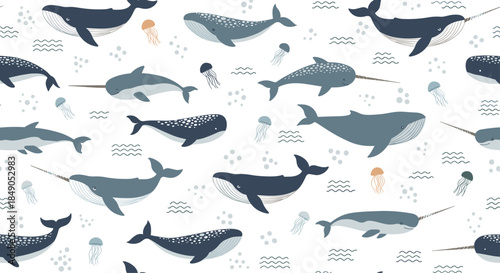 Seamless underwater scene shows whales and jellyfish gliding through calm blue currents creating a tranquil pattern across the oceanic expanse.