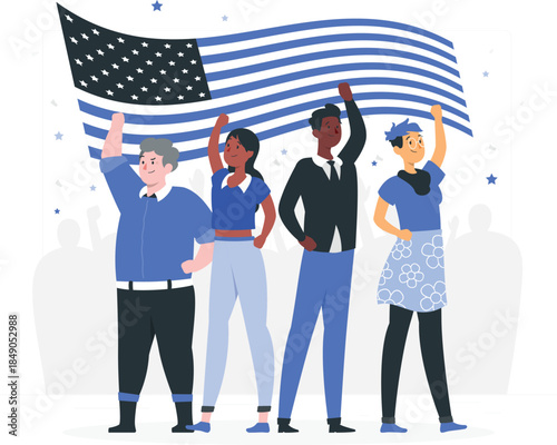 Diverse group of people holding American flag in celebration patriotic d