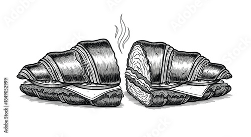 Two flaky croissant sandwiches with melted cheese rest on plates as steam rises from the warm layers highlighting buttery pastry and savory fillings.