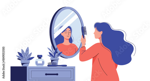 Person stands at a vanity mirror brushing long blue hair while admiring their reflection beside a dresser with plants and bottles in a calm contemporary setup.
