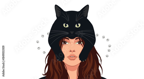 Woman wearing a black cat hat frames her face with soft brown hair and a calm expression while whimsical paw prints swirl softly in the background.