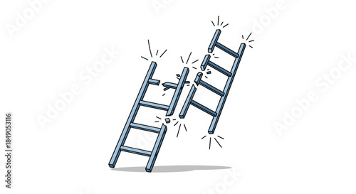 Several ladders crash into one another in a chaotic collision with bending rungs and sparks flying as the scene captures a dramatic moment of balance failure.