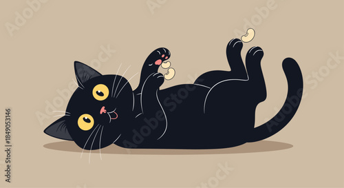 Playful black cat lies on its back with paws in the air and bright yellow eyes full of curiosity in a cozy brown scene capturing a playful moment.