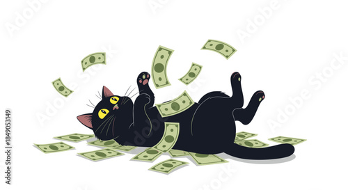 Playful black cat rolls on its back surrounded by floating dollar bills as if celebrating a whimsical windfall and a dream of easy riches.