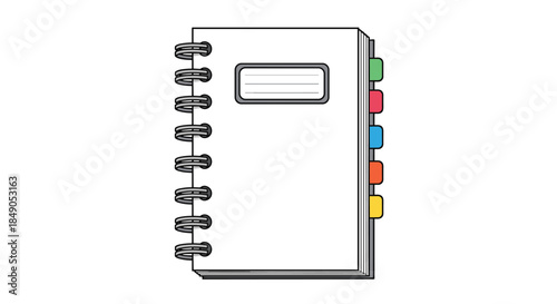 Spiral bound notebook with a clear label on the front cover and multicolored tabs along the right edge indicating organized sections for notes.