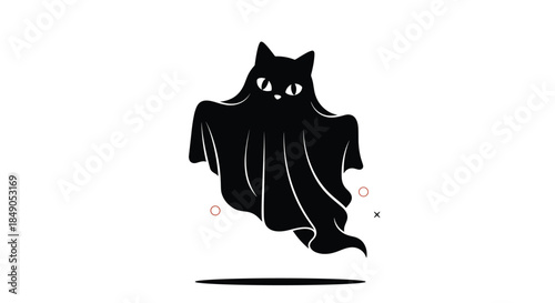 Black cat ghost draped in a flowing cloak hovers above the ground with bright eyes peering from beneath the shadowy fabric in a playful spooky illustration.