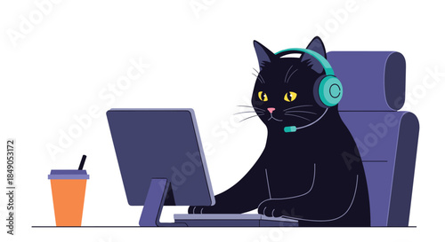 Black cat wearing teal headphones sits at a desk and works on a computer monitor with a takeaway cup nearby in a modern workspace.