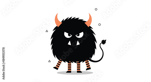 Round black furry monster with orange horns and striped legs stands defiantly on a gray shadow with a tail while circles float nearby in a playful scene.