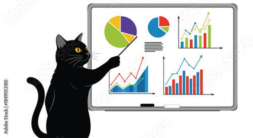 Black cat presents data insights on a whiteboard featuring pie charts and bar graphs and line trends in a playful business analytics scene.