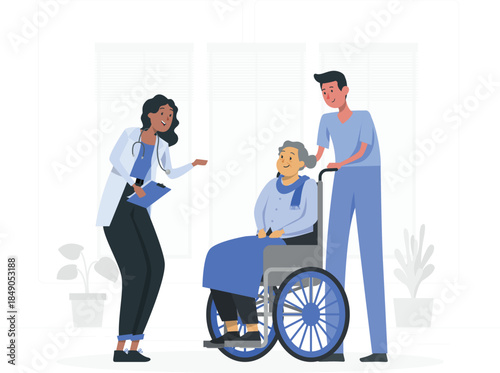 Doctor and nurse assisting elderly woman in wheelchair healthcare