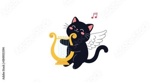 Charming black cat with white angel wings plays a golden harp while smiling softly and musical notes dance above in a whimsical nocturnal scene.