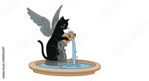 Winged black cat perched on a stone fountain pours a clear stream of water from a curved spout into a tranquil circular basin in a fantasy garden scene.