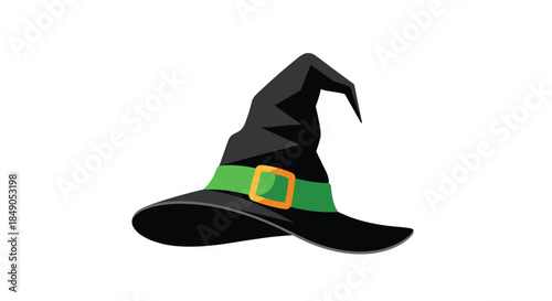 Illustration of a black pointed witch hat with a vivid green belt and orange buckle resting on a wide curved brim and ready for Halloween magic.