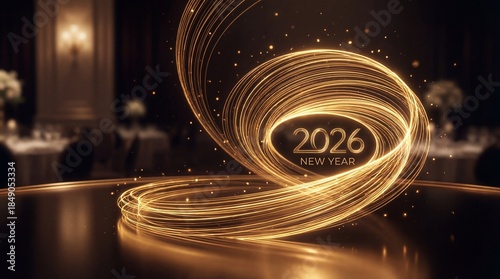 Golden light trails celebrate 2026 New Year in elegant event space