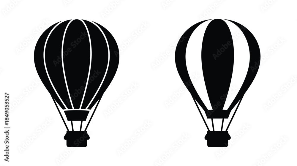 Obraz premium Two black and white hot air balloons with basket designs shown