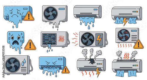 A collection of cartoon illustrations depicting various malfunctions and problems with air conditioning units, including water leaks, ice, smoke, and electrical issues.