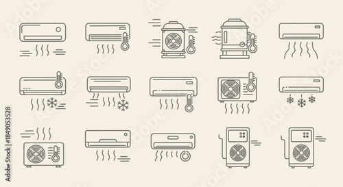 A comprehensive collection of line art icons representing various air conditioning and HVAC systems, illustrating different functions like heating, cooling, and ventilation.