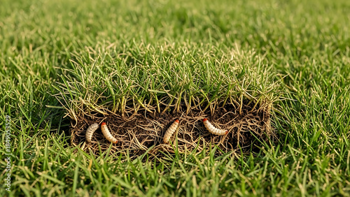 Lawn grub damage as chinch larva damaging grass roots causing a brown patch disease in the turf as a