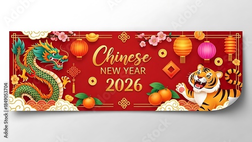 Vibrant chinese new year 2026 celebration banner with dragon, tiger, lanterns, and oranges on red background, symbolizing good fortune