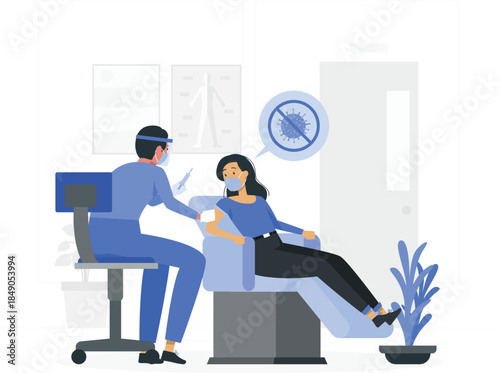 Doctor in blue scrubs and face mask administering vaccination to woman on medical examination table