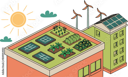 Eco friendly green roof with solar panels on modern building