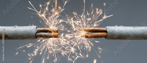 Close-up view of electrical cable on fire with sparks and smoke rising from two wires in dark background