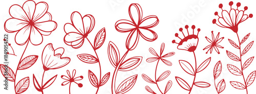 Whimsical hand drawn rustic floral border design with doodle style elements