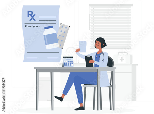 Doctor sitting at desk with prescription and medical supplies female doctor woman medical office des