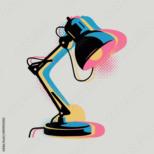  Create Trendy halftone collage element. Desk table lamp paper cut out. Modern retro vector illustration for mixed media design on