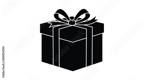 A simple black and white illustration of a gift box with a bow