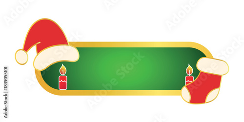 Festive Christmas banner with Santa hat, stocking, and candles for holiday greetings and winter celebrations