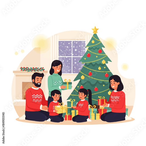 Joyful family celebration during Christmas, exchanging beautifully wrapped presents under a sparkling tree in their cozy home, embracing holiday spirit and togetherness