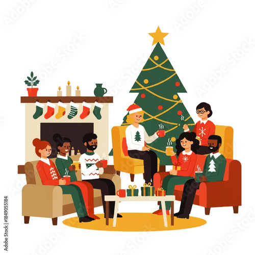 Diverse group of friends celebrating Christmas holidays together, enjoying warm drinks in a cozy festive living room with a beautifully decorated tree and fireplace