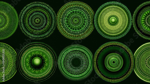 An abstract composition of intricate green circles. Each circle boasts unique patterns, textures, and shades of green