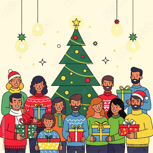 Diverse group of joyful people celebrating the holiday season together, exchanging presents around a festive Christmas tree, sharing happiness and unity in a colorful illustration