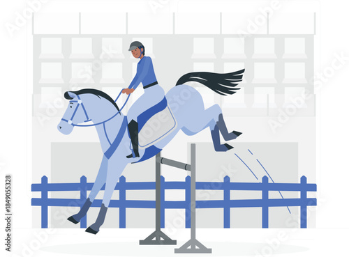 Equestrian rider on blue horse jumping over obstacle in indoor arena des