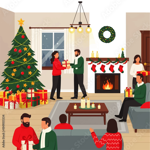 Festive Family Christmas Gathering, Exchanging Gifts by a Decorated Tree and Fireplace