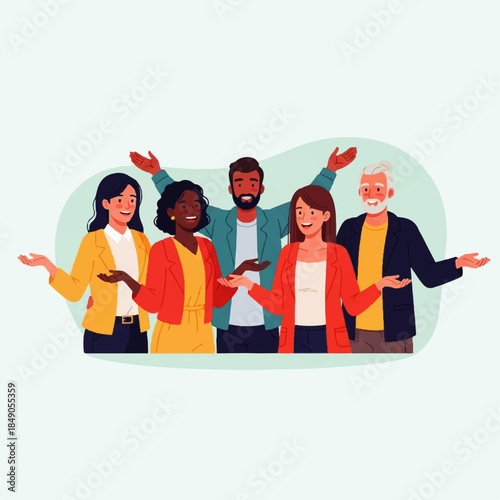 Diverse group of smiling people with open arms, welcoming and presenting, symbolizing unity, collaboration, and community spirit in a vibrant vector illustration