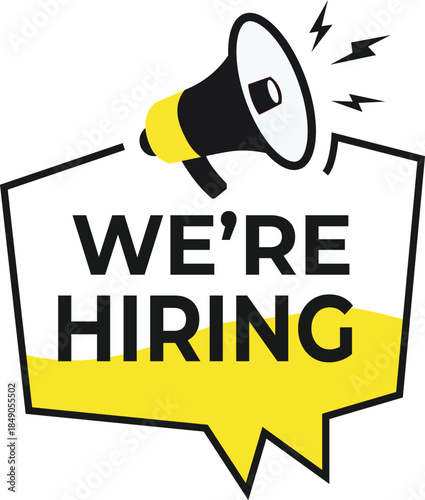 We’re Hiring Clipart, Megaphone Announcement with Bold Text in Yellow and White Speech Bubble