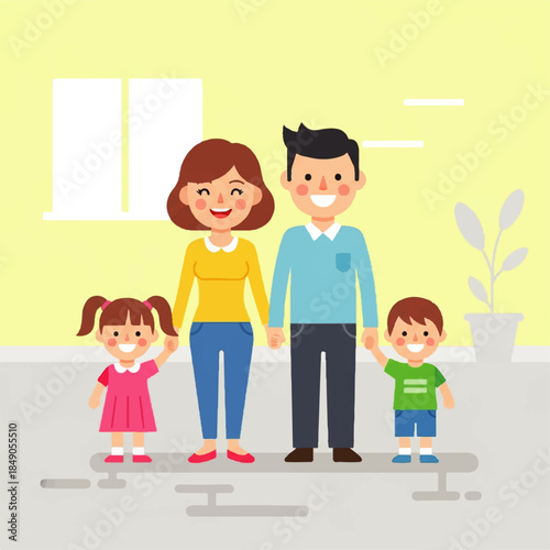 Joyful illustration of a happy family with parents and two young children standing united at home, symbolizing love, care, and togetherness