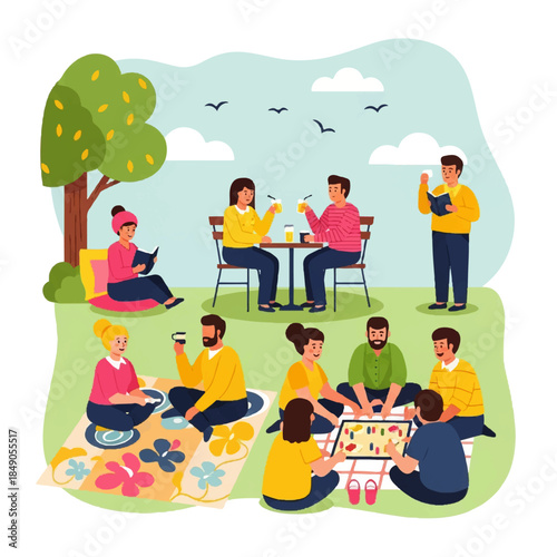 Happy friends enjoying diverse leisure activities like picnicking, board games, and reading in a vibrant outdoor park setting, celebrating summer and social connection