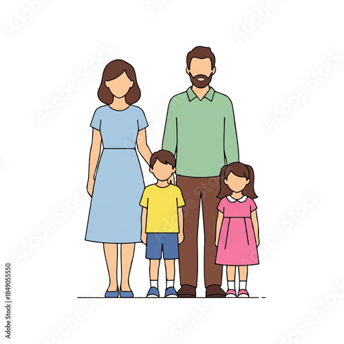 Diverse Family Portrait Parents and Two Children in Casual Attire, Representing Unity and Connection