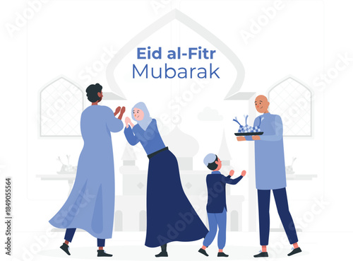 Family Celebrating Eid al- Fitr with Traditional Greeting and Food Eid al-Fitr Mubarak celebration d