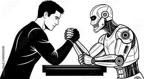Man Versus Machine: A stark black and white depiction of a human engaging in an arm wrestling contest against a robotic opponent, symbolizing the challenges and conflicts of technology