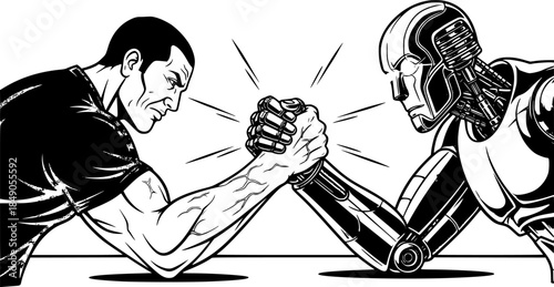 Man Versus Machine: A stark black and white depiction of a human engaging in an arm wrestling contest against a robotic opponent, symbolizing the challenges and conflicts of technology