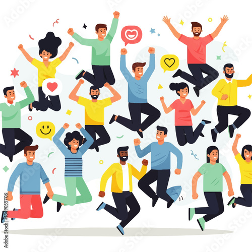 Joyful diverse group of people celebrating and jumping with excitement in a vibrant illustration, conveying happiness and togetherness