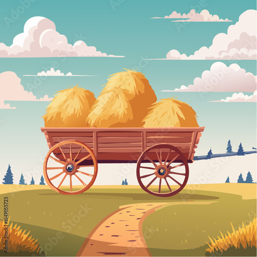 Wooden wagon filled with hay in a field