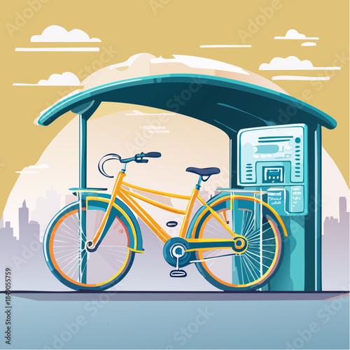 Yellow bicycle at city bike station