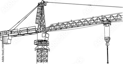Black and white line drawing of a tower crane, detailed construction sketch. Vector illustration